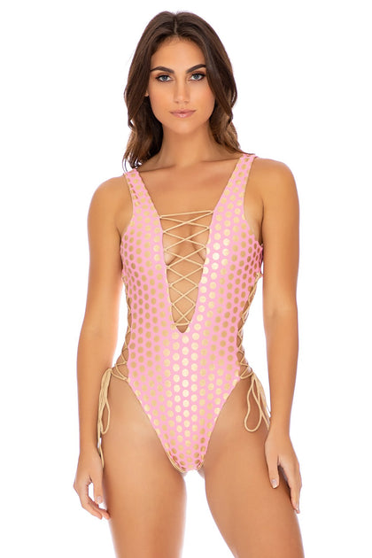 DOTTED DELIGHT - Open Side One Piece Bodysuit • Pink Lemonade Campaign