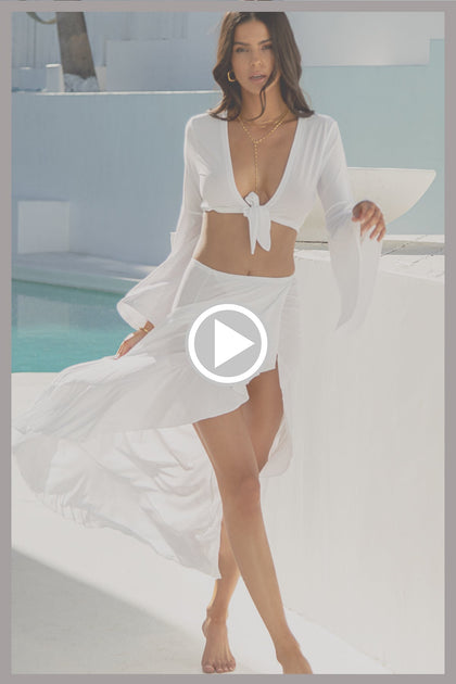 COSITA BUENA - Bell Sleeve Crop Top & Ruffle High Lo Slit Skirt • White Digital Presentation