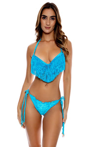 COSQUILLITAS - Plunge Push Up Fringe Underwire Top & Wavy Ruched Back Tie Side Bottom • Turquoise