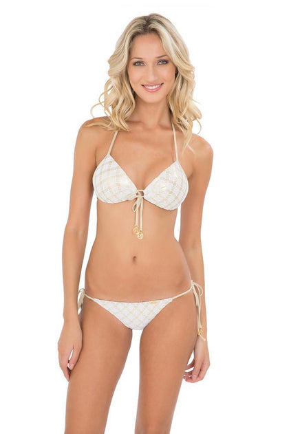 DIAMANTES DE CORAL - Molded Push Up Bandeau Halter Top & Wavey Ruched Back Full Tie Side Bottom • White