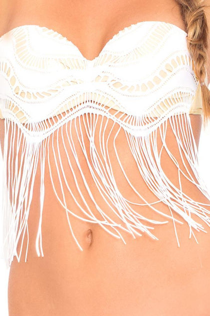BUENA ONDA - Fringe Underwire Push Up Bandeau Top & Braided Side Full Bottom • White