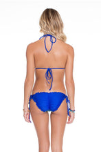 BLUE KISS - Molded Push Up Bandeau Halter Top & Wavey Ruched Back Full Tie Side Bottom • Electric Blue