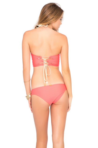 STARFISH WISHES - Laced Up Underwire Corset Top & Gold Net Divided Moderate Bottom • Gold Fire Coral