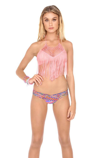 HEART OF A HIPPIE - Weave Fringed Halter Top & Strappy Brazilian Ruched Back Bottom • Multicolor