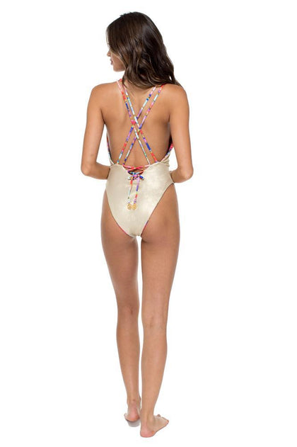 BELLAMAR - Deep V Crossed Back One Piece • Multicolor