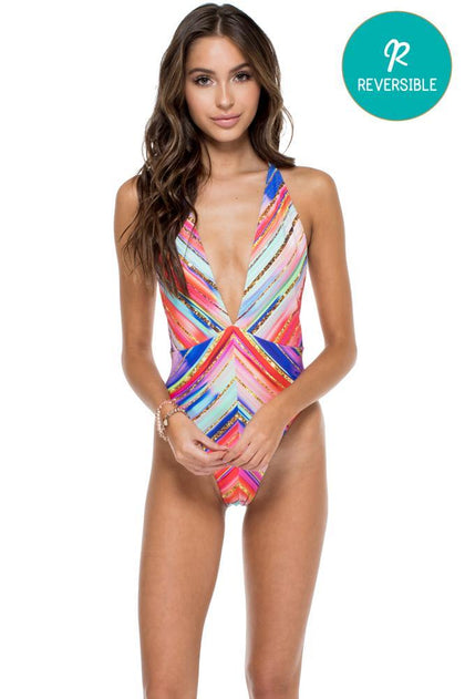 BELLAMAR - Deep V Crossed Back One Piece • Multicolor