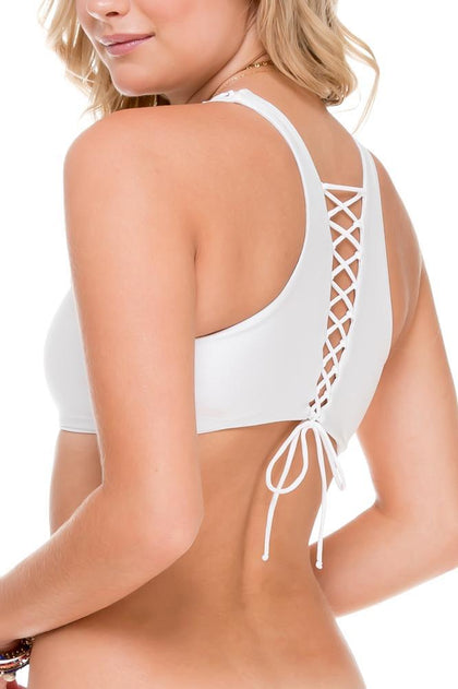 SAILOR'S KISS - High Neck Top & Strappy Brazilian Ruched Back Bottom • White