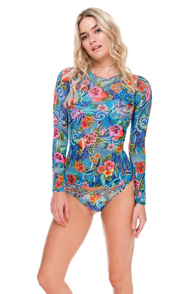 INKED BABE - Skin Deep Rash Guard & Strappy Brazilian Ruched Back Bottom • Multicolor