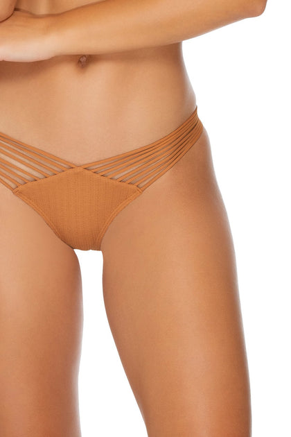 JAGGED BOMBSHELL - Cross Back Bustier Top & Strappy Brazilian Ruched Back Bottom • Caramelo