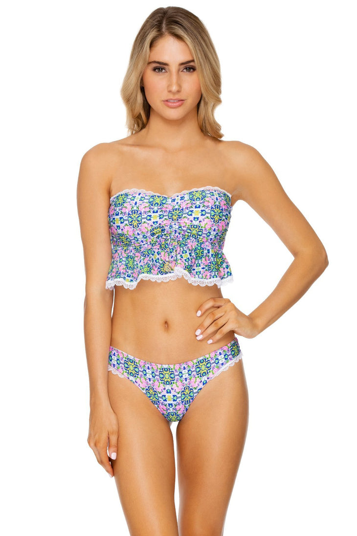ANGEL FACE - Lace Trim Bandeau Crop Top & Lo Rise Seamless Skimpy Bottom • Multicolor