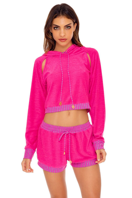 GLOW BABY GLOW - Hoodie Cut Out Cropped Jacket & Relaxed Shorts • Pink