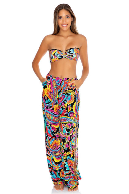 MOON NIGHTS - Gold V Ring Bandeau Top & Split Side Wide Leg Pant • Multicolor