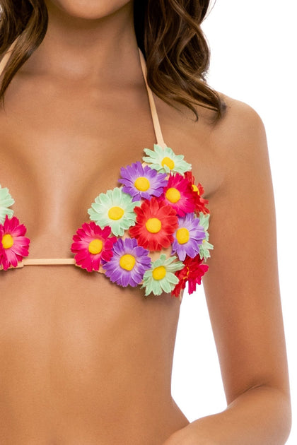 PRETTY THINGS - Flower Accent Triangle Top & Flower Detail Wavey Ruched Back Tie Side Bottom • Nude