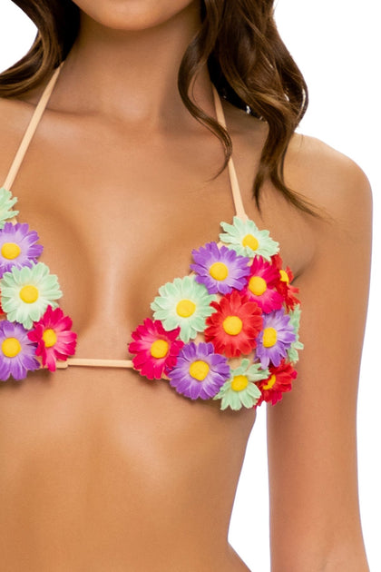 PRETTY THINGS - Flower Accent Triangle Top & Flower Detail Wavey Ruched Back Full Tie Side Bottom • Nude