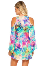 CELESTIAL DREAMS - Peek-a-boo Shoulder Tie Front Short Dress • Multicolor