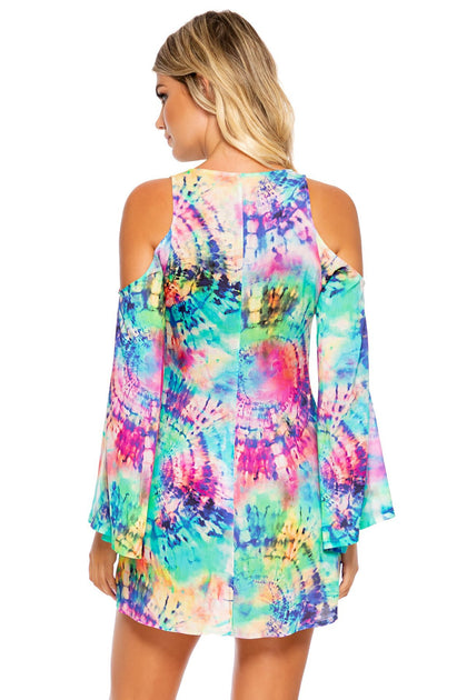 CELESTIAL DREAMS - Peek-a-boo Shoulder Tie Front Short Dress • Multicolor