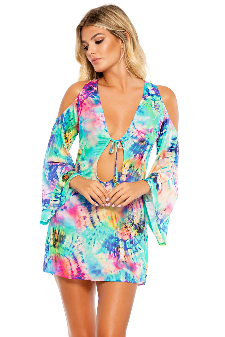 CELESTIAL DREAMS - Peek-a-boo Shoulder Tie Front Short Dress • Multicolor