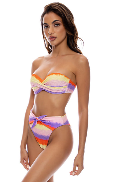 MIAMI SUNSETS - Underwire Push Up Bandeau Top & High Leg Tie Front Ruched Back Bottom • Multicolor