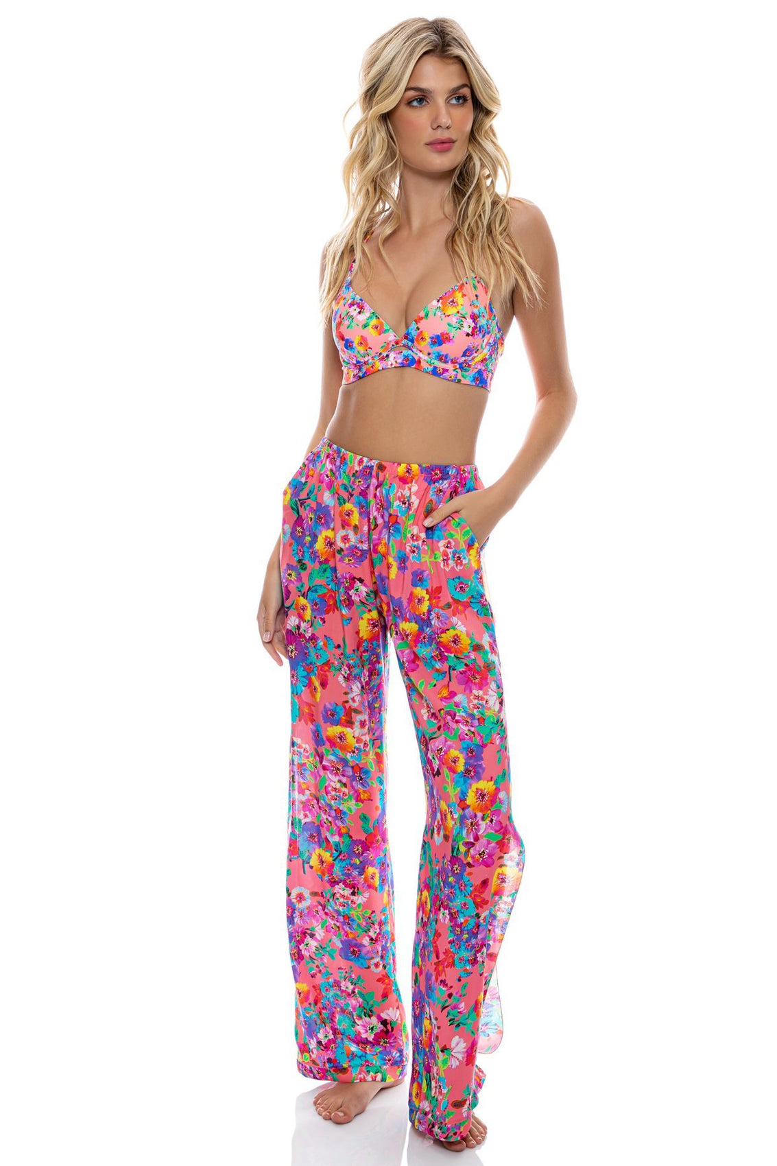 WATER BLOSSOMS - Underwire Top & Split Side Wide Leg Pant • Electric Coral