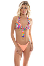 WATER BLOSSOMS - Ruffle Halter Top & Brazilian Bottom • Electric Coral