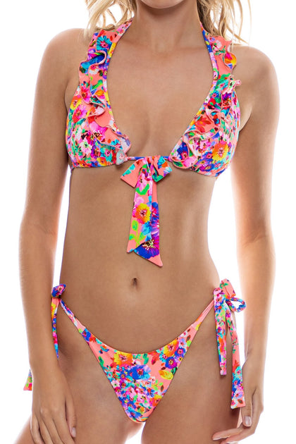 WATER BLOSSOMS - Ruffle Halter Top & Seamless Bow Tie Side Thong Bottom • Electric Coral