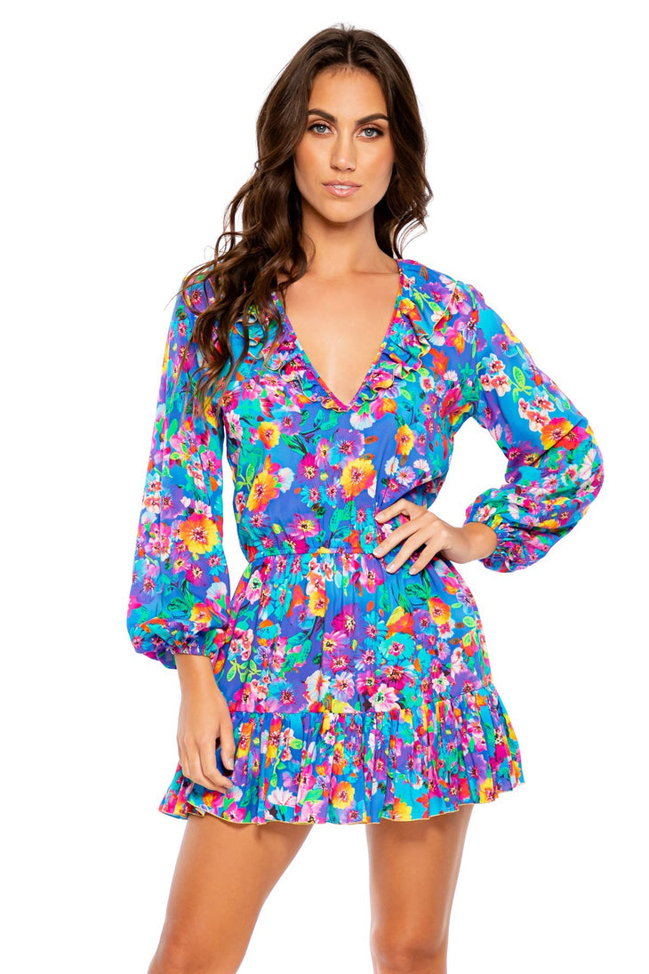 WATER BLOSSOMS - Ruffled Deep V Frill Hem Dress • Multicolor