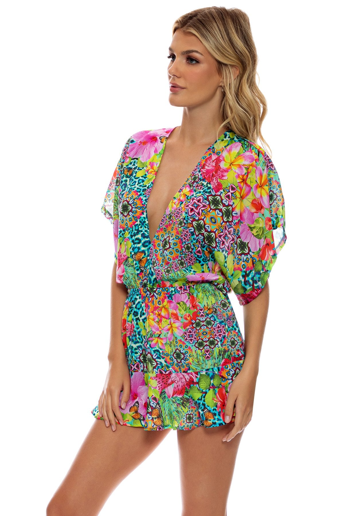 LULI ISLAND - Playera V Neck Ruffle Dress • Multicolor