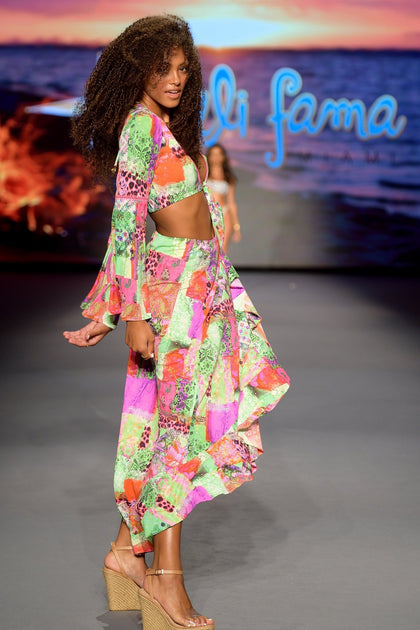 FIERCE SOUL - Bell Sleeve Crop Top & Ruffle High Lo Slit Skirt • Multicolor Runway