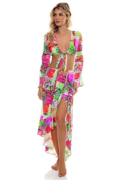 FIERCE SOUL - Bell Sleeve Crop Top & Ruffle High Lo Slit Skirt • Multicolor