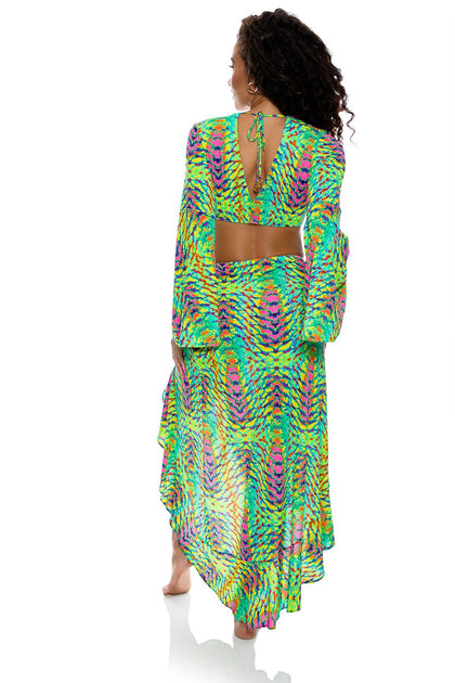 OASIS BABE - Bell Sleeve Crop Top & Ruffle High Lo Slit Skirt • Multi Green Digital Presentation