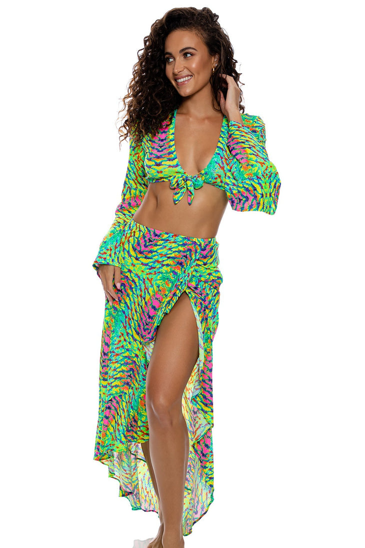 OASIS BABE - Bell Sleeve Crop Top & Ruffle High Lo Slit Skirt • Multi Green