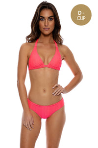 HOT TROPICS - Triangle Halter Top & Seamless Full Ruched Back Bottom • Electric Coral