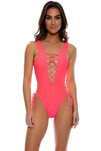 HOT TROPICS - Open Side One Piece Bodysuit • Electric Coral