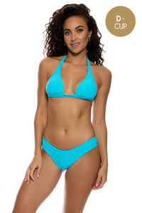 BEACH FUZZ - Triangle Halter Top & Seamless Full Ruched Back Bottom • Daydream Blue
