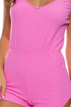 BEACH FUZZ - Spaghetti Strap Short Romper • Bubble Gum