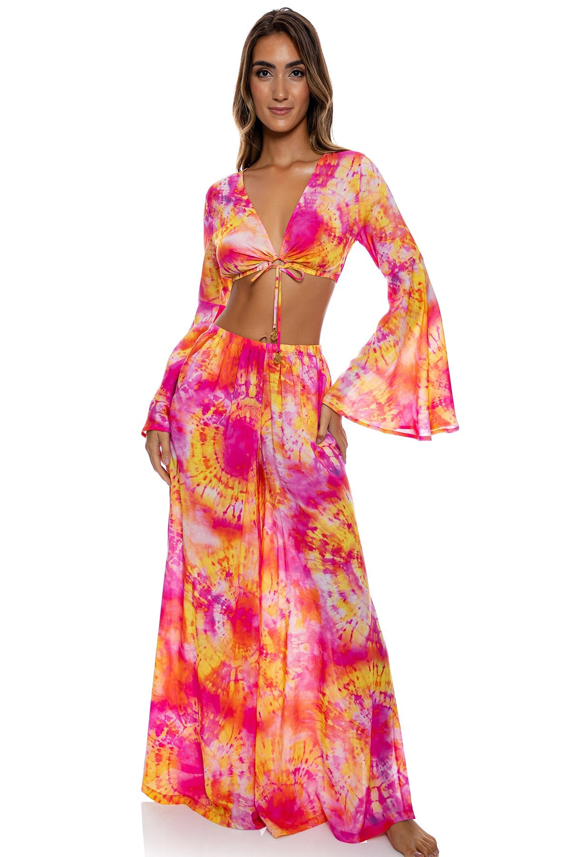 RETRO DREAM - Bell Sleeve Crop Top & Open Sides Wide Leg Pant • Multi Pink