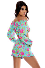 TI AMO - Ruffle Laced Up Open Shoulders Crop Top & Ruffle Short • Aqua