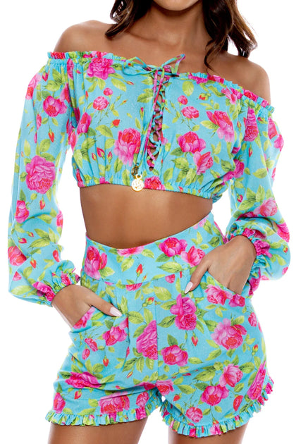 TI AMO - Ruffle Laced Up Open Shoulders Crop Top & Ruffle Short • Aqua