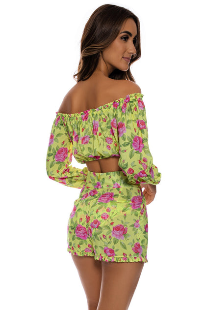 TI AMO - Ruffle Laced Up Open Shoulders Crop Top & Ruffle Short • Radiant Yellow