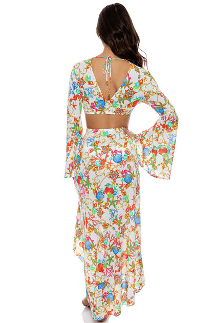 IL MARE - Bell Sleeve Crop Top & Ruffle High Lo Slit Skirt • White