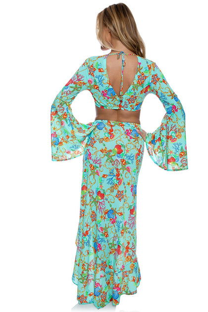 IL MARE - Bell Sleeve Crop Top & Ruffled High-lo Slit Skirt • Aqua