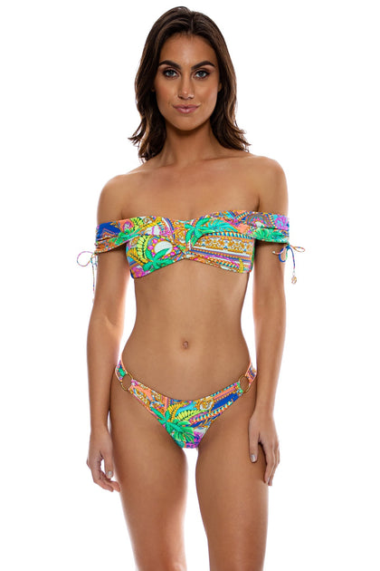 POSITANO - Off The Shoulder Top & Ring Seamless Wavy Ruched Back Bottom • Multicolor