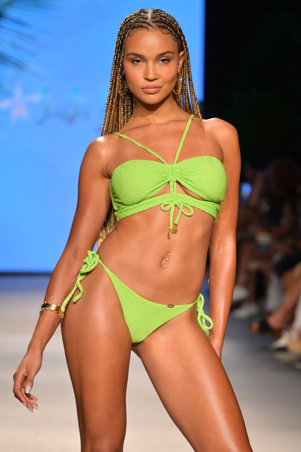 AMAZONIA - Drawstring Halter Peek-a-boo Cropped Top & Seamless Ruched Back Brazilian Tie Side Bottom • Wild Lime Runway