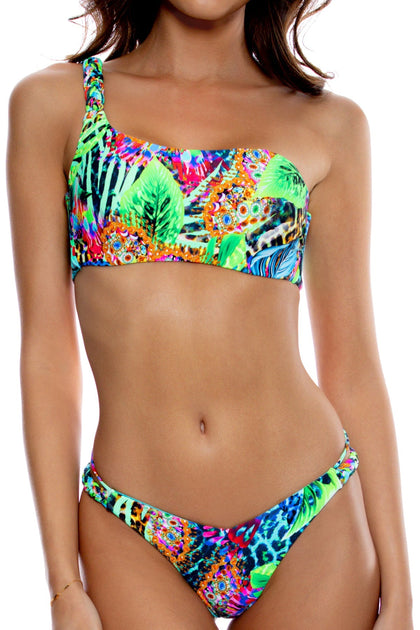 LULI'S SELVA - One Shoulder Braided Laced Back Top & Braided Strap Ring Thong Bottom • Multicolor