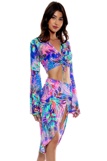 JUNGLE FEVER - Bell Sleeve Scrunched Crop Top & Drawstring Tulip Skirt • Multicolor