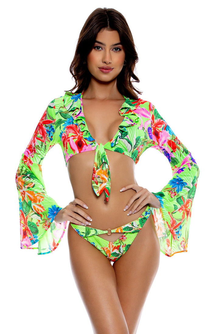 LULI TROPICS - Bell Sleeve Crop Top & High Leg Peek A Boo Ring Bottom • Multicolor
